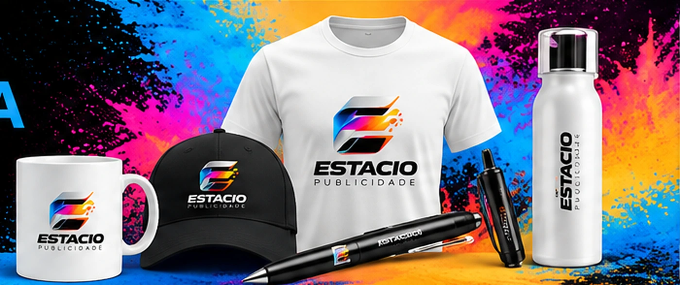 Exemplos de personalização em T-shirt, caneca, boné e garrafa